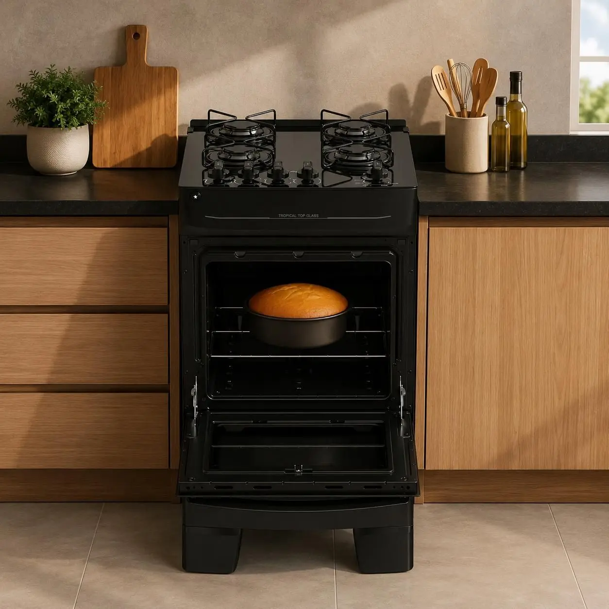 Fogão de Piso 4 Bocas Atlas Tropical Top Glass Preto Bivolt ,Mesa de Vidro, Acendimento Automático e Forno 48L - Imagem 4