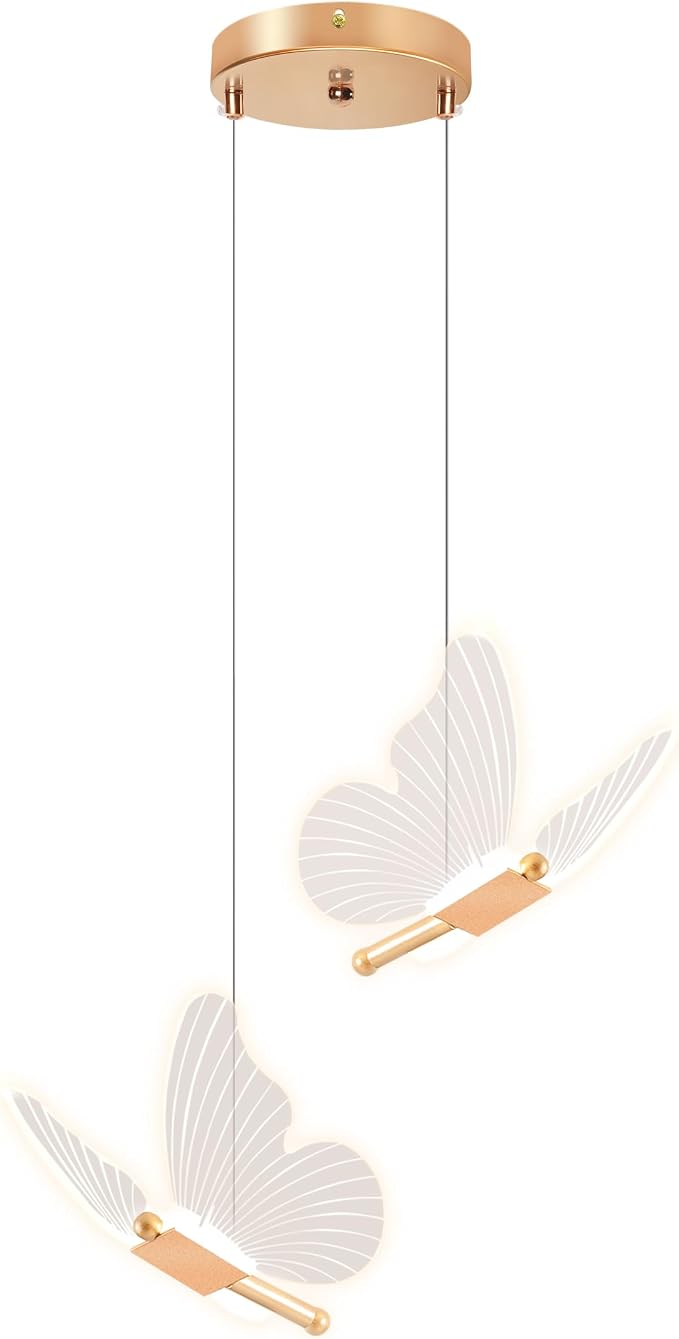 Lustre Pendente LED 2 Borboletas Dourada, Luz Tricolor 3000K-6000K