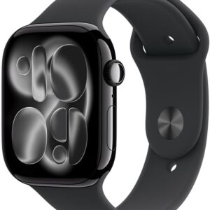 Apple Watch Series 11 GPS, Caixa em alumínio preto brilhante de 46 mm com Bracelete desportiva preta - M/G