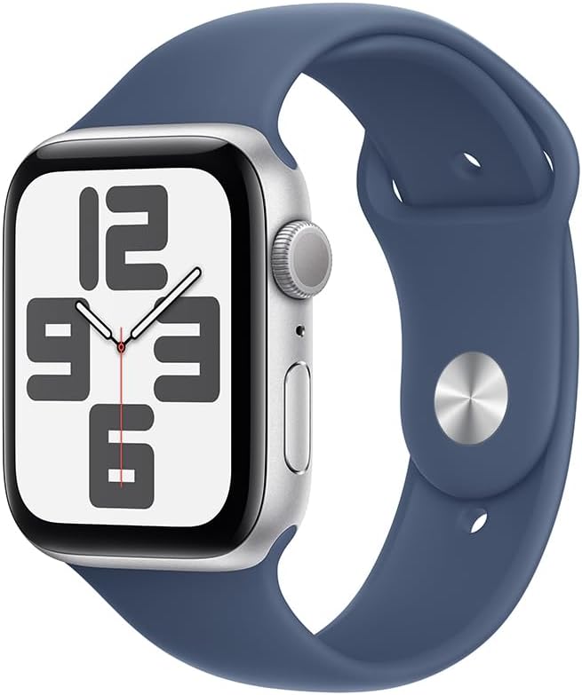 Apple Watch SE GPS • Caixa prateada de alumínio – 44 mm • Pulseira esportiva denim – P/M