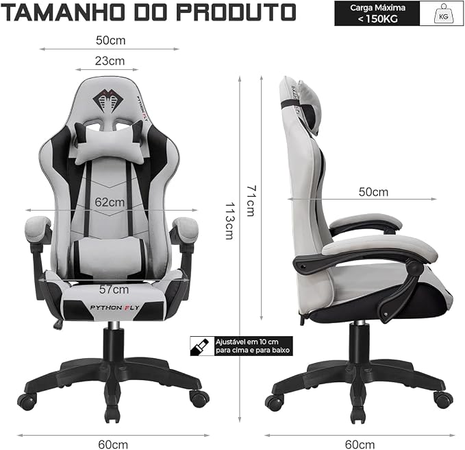 Cadeira Gamer Python Fly em tecido, respirável e ecológica, ângulo ajustável (Cinza Claro) - Imagem 2