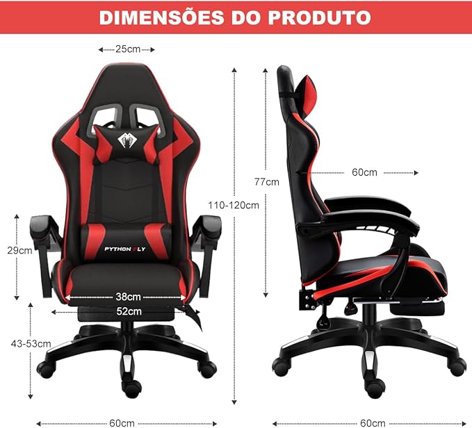 Cadeira Ergonomica Gamer Com Apoio Para Os Pés Vermelho - Imagem 2