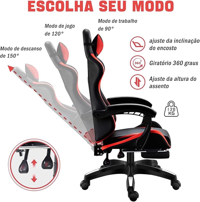 Cadeira Ergonomica Gamer Com Apoio Para Os Pés Vermelho - Imagem 4