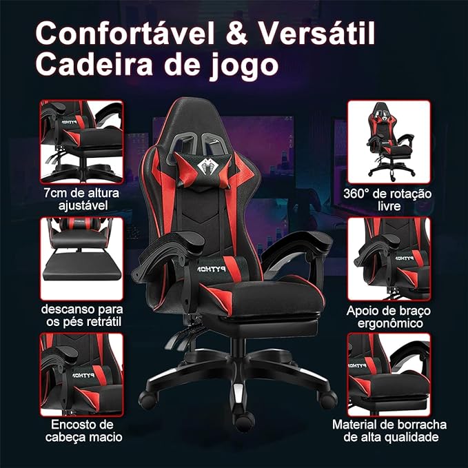 Cadeira Ergonomica Gamer Com Apoio Para Os Pés Vermelho - Imagem 3