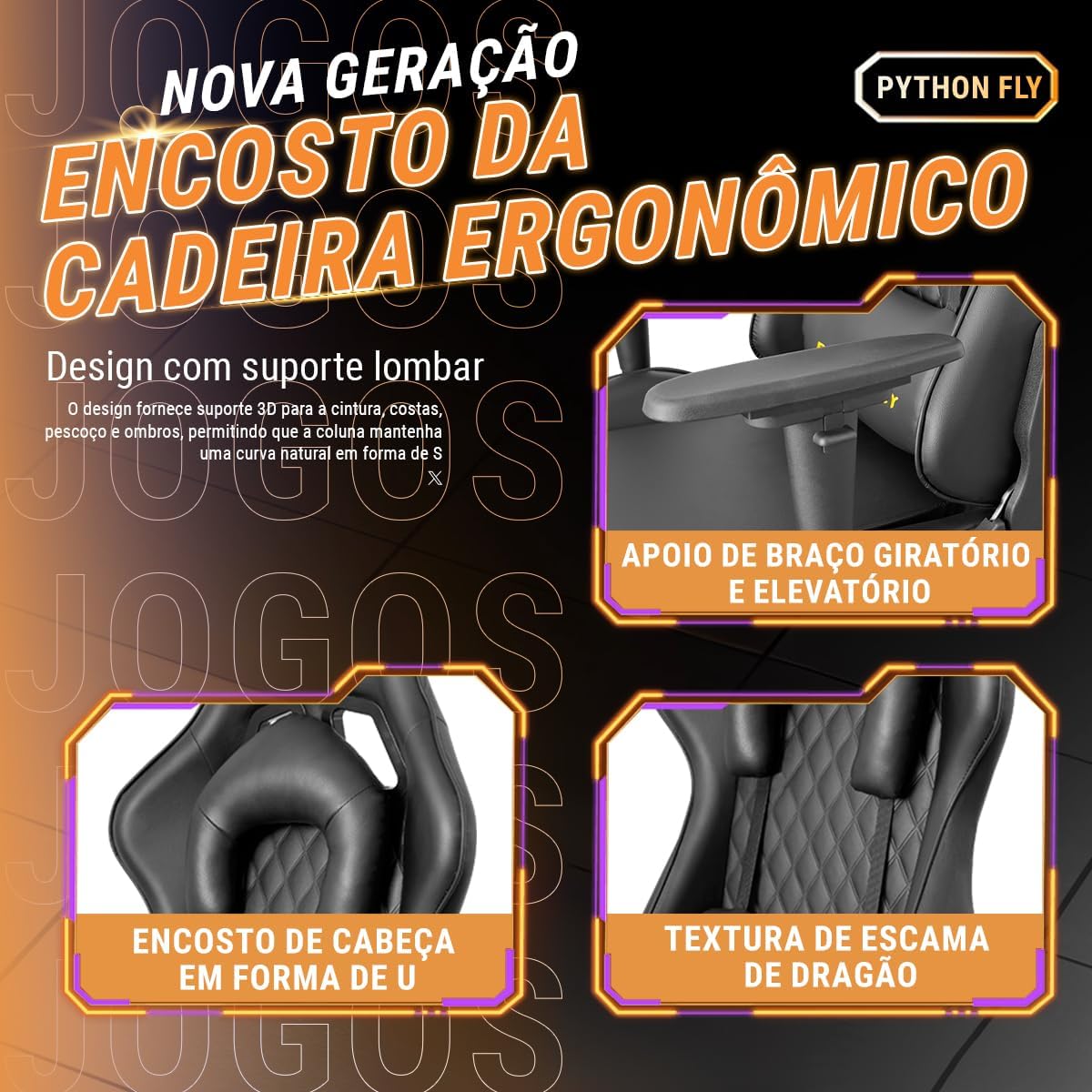 Cadeira Gamer Python Fly Deluxe, Design Ergonômico, Ajuste De 90-150 Graus, Design Preto E Dourado - Imagem 5