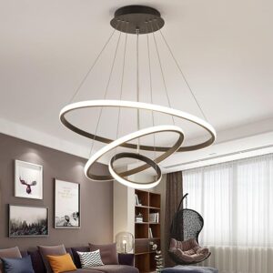 Luminária Pendente LED Moderna 3 Anéis 72W, Redonda Embutida, Regulável, 3 Cores de Luz (3000K/4000K/6000K), Altura Ajustável, Design Luxuoso para Sala, Quarto ou Escritório (Preto)