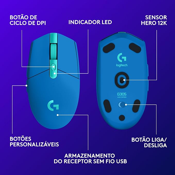 Mouse Gamer Sem Fio Logitech G305 LIGHTSPEED com 6 Botões Programáveis e Até 12.000 DPI - Azul - Imagem 5