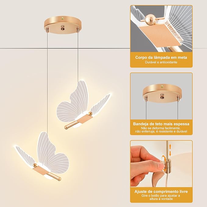 Lustre Pendente LED 2 Borboletas Dourada, Luz Tricolor 3000K-6000K - Imagem 4