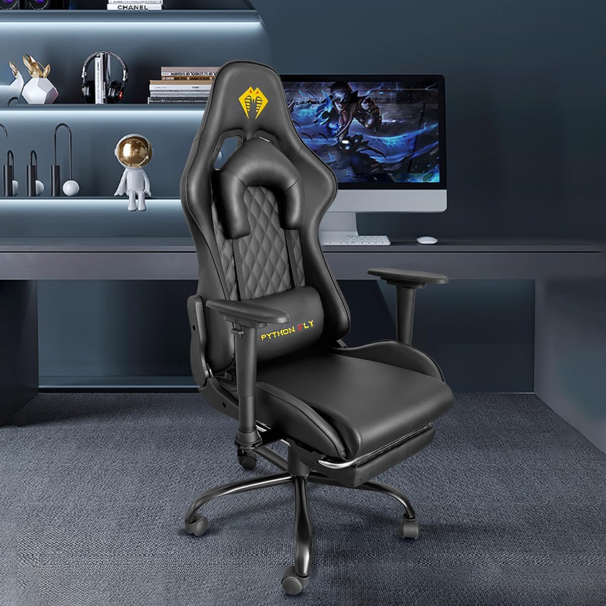 Cadeira Gamer Python Fly Deluxe, Design Ergonômico, Ajuste De 90-150 Graus, Design Preto E Dourado - Imagem 7