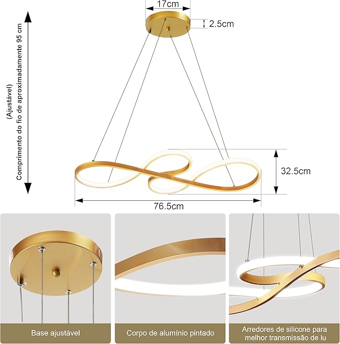 Luminária Pendente de LED Dourada, Moderna e Regulável 3000K-6000K - Imagem 2