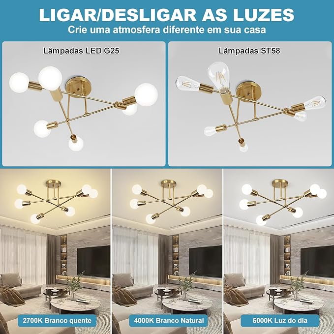 Luminária Pendente Dourada 6 Cabeças, Teto Regulável Para Cozinha e Sala - Imagem 4