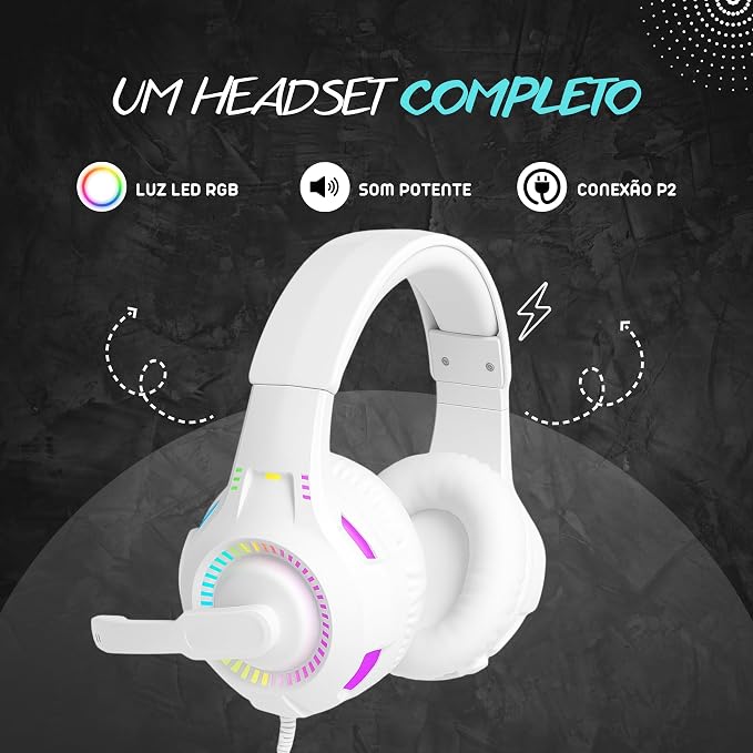 Fone De Ouvido Headset Gamer Luz Led RGB Compatível com Computador, Celular, Video Game (Branco) - Imagem 2