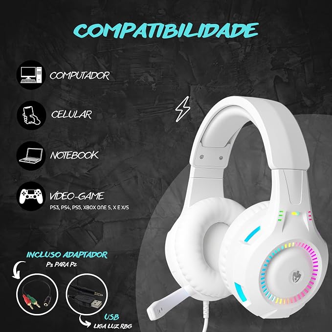 Fone De Ouvido Headset Gamer Luz Led RGB Compatível com Computador, Celular, Video Game (Branco) - Imagem 3