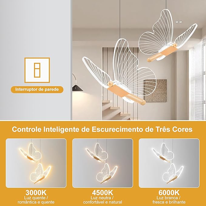 Lustre Pendente LED 2 Borboletas Dourada, Luz Tricolor 3000K-6000K - Imagem 3