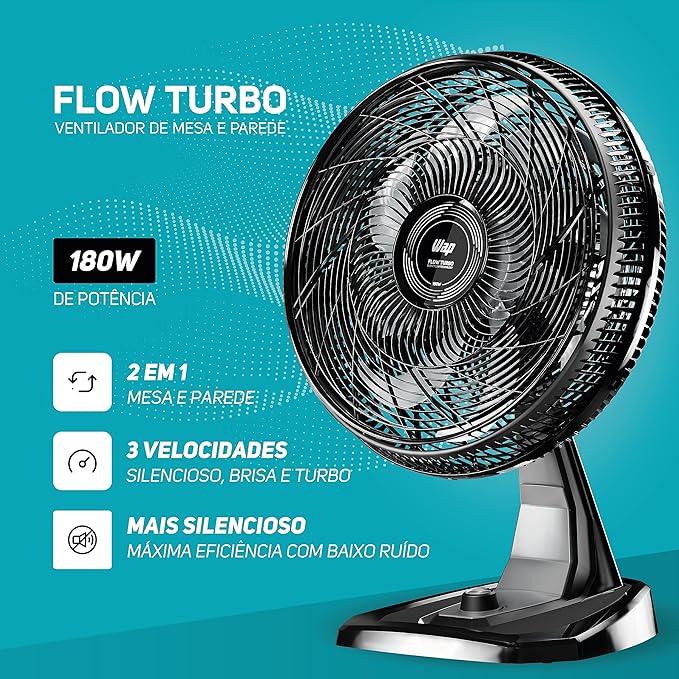 WAP Ventilador de Mesa e Parede 50cm FLOW TURBO, com Tecnologia Silenciosa e Econômica, 8 Pás e 3 Velocidades, 180W 127V - Imagem 3