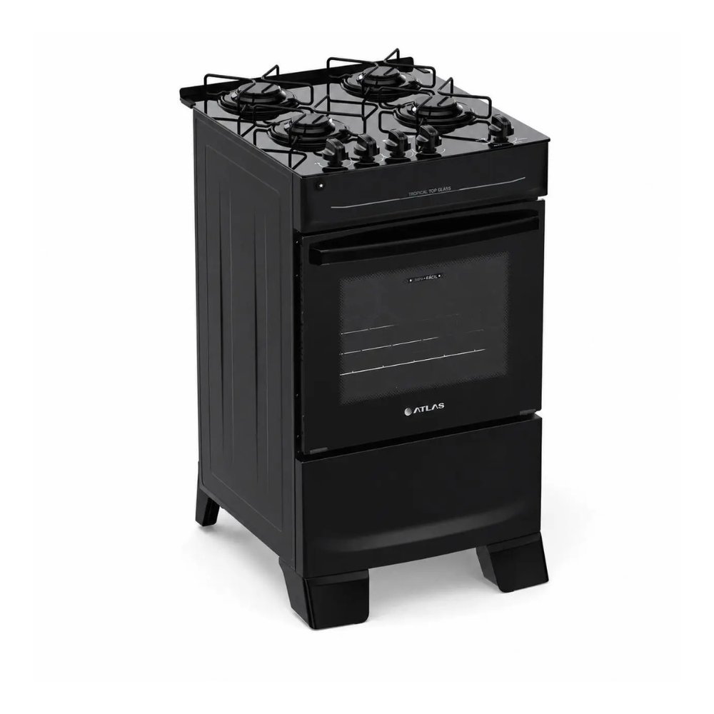 Fogão de Piso 4 Bocas Atlas Tropical Top Glass Preto Bivolt ,Mesa de Vidro, Acendimento Automático e Forno 48L