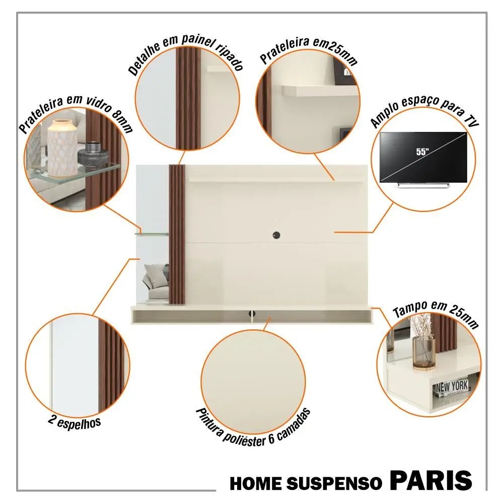 Painel home paris para tv até 55 polegadas / off white/ripado - VIANOSSA - Imagem 2