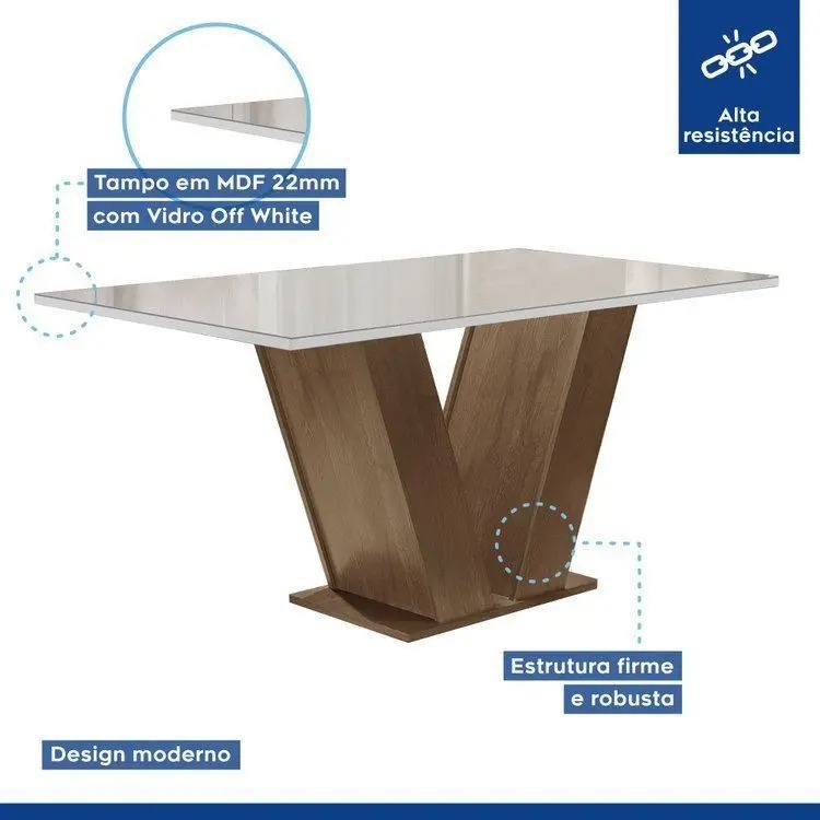Conjunto Sala de Jantar Mesa Tampo de Vidro 6 Cadeiras Espanha Yescasa - Imagem 2
