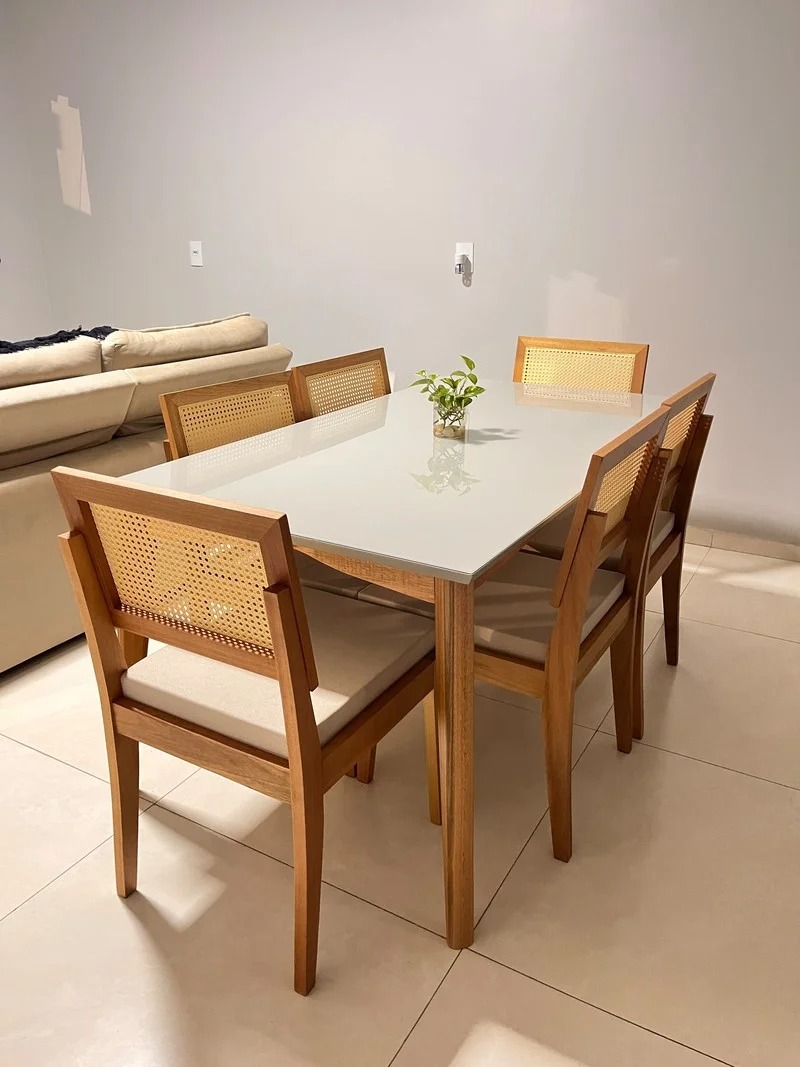 Mesa de Jantar 6 Cadeiras Retangular Madeira Maciça com vidro Nesher Monalisa - Imagem 9