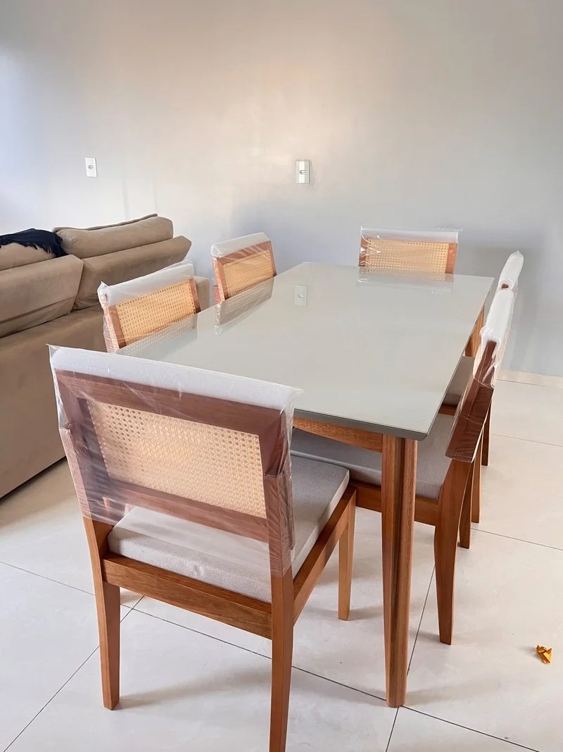 Mesa de Jantar 6 Cadeiras Retangular Madeira Maciça com vidro Nesher Monalisa - Imagem 10