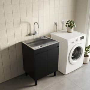 Tanque de Lavar Roupa Inox 46 Litros com Gabinete MDF Preto Black 60cm Entregue Montado - EJV Shoop