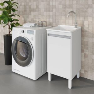 Tanque de Lavanderia Fibra 20L com Gabinete MDF 45cm Branco, Suporte para Torneira de Bancada, Entregue Montado, com Válvula e Sifão - EJV Shoop