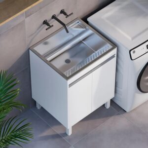 Tanque de Lavar Roupa Inox 46 Litros com Gabinete MDF Branco 60cm Entregue Montado - EJV Shoop