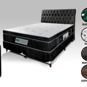 Colchão Queen 1,58x1,98 Com Massageador Base Base Box Bipartido Cabeceira Preta Completo Preto ALLMAG