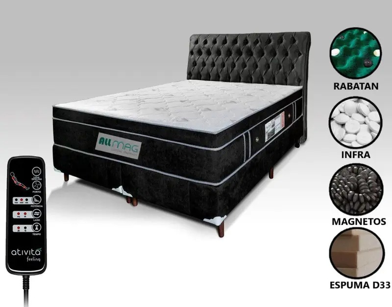 Colchão Queen 1,58x1,98 Com Massageador Base Base Box Bipartido Cabeceira Preta Completo Preto ALLMAG
