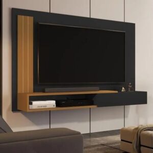 Painel Sala Para TV Smart até 50 Polegadas Match com porta Cor Preto / Nature - MJM Casa dos Moveis - JM Casa dos Móveis