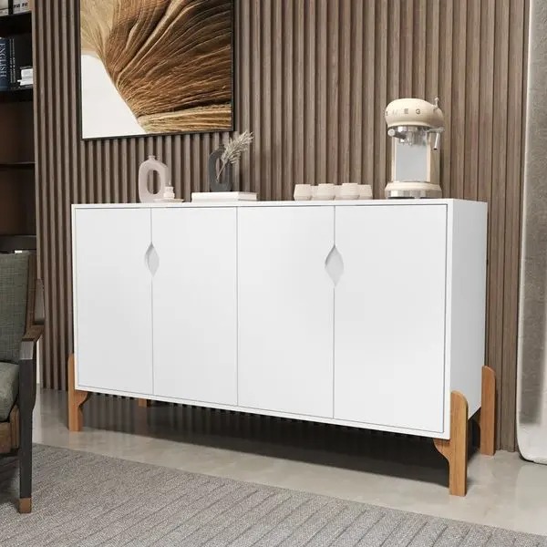 Rack Para Tv ou Aparador Buffet Pés Madeira 4 Portas Tamires Cor Branco - MJM Casa dos Móveis - Imagem 2