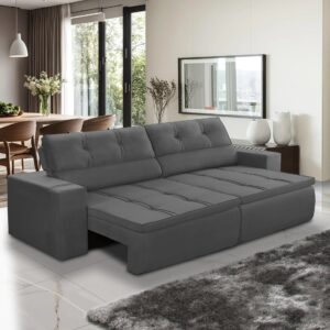 Sofá Retrátil e Reclinável 3 lugares 1,90m com Molas Stella Suede Cinza Adonai Estofados