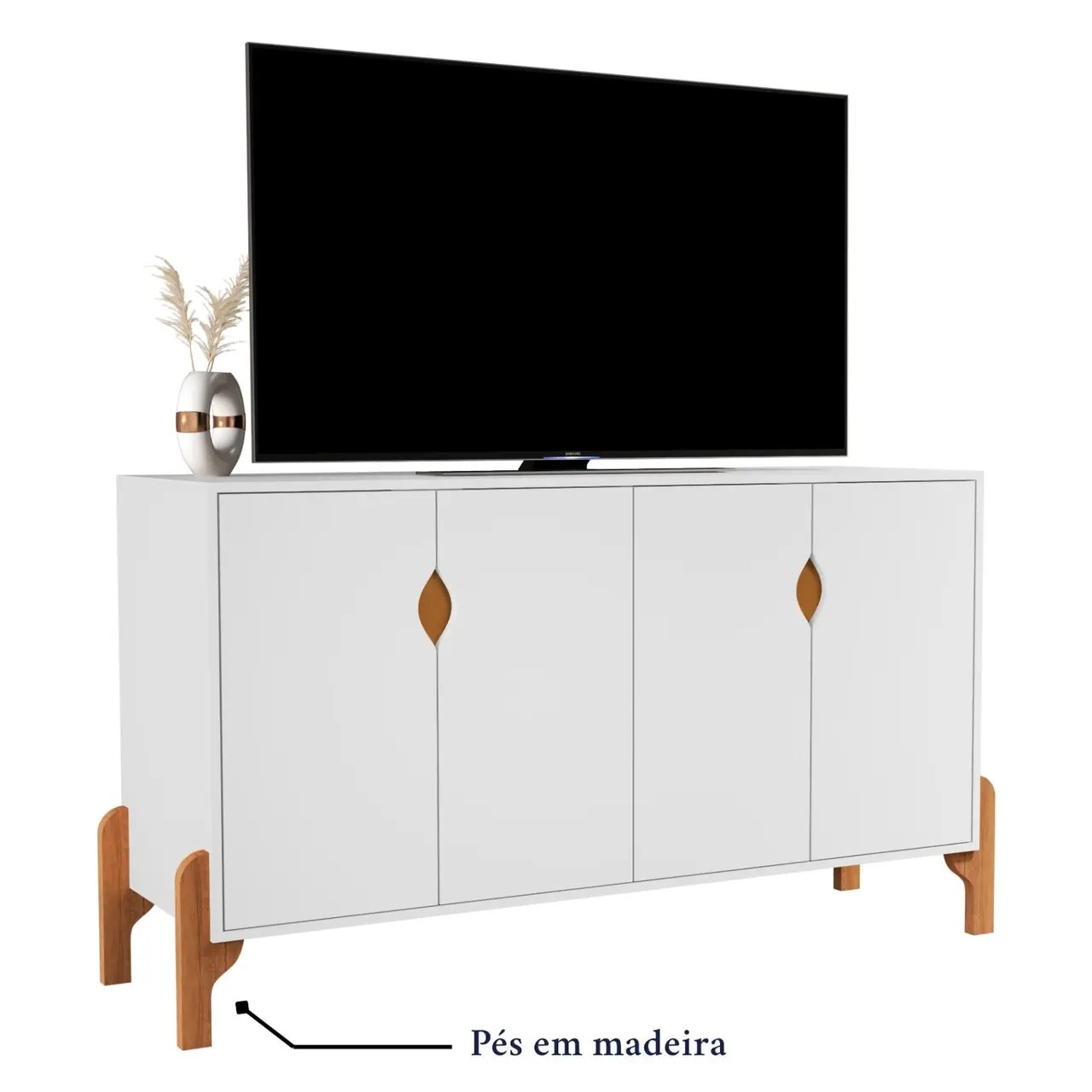 Rack Para Tv ou Aparador Buffet Pés Madeira 4 Portas Tamires Cor Branco - MJM Casa dos Móveis - Imagem 4