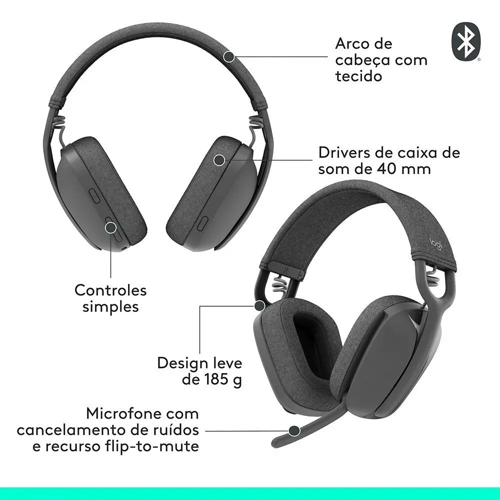 Headset Sem Fio Logitech Zone Vibe 100, Drivers 40 mm, USB, Bluetooth, PC, Mobile, Grafite - 981-001214 - Imagem 3