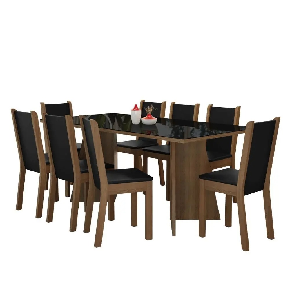 Conjunto Sala de Jantar Mesa Tampo de Vidro 8 Cadeiras Rustic/Preto Justine Madesa - Imagem 2