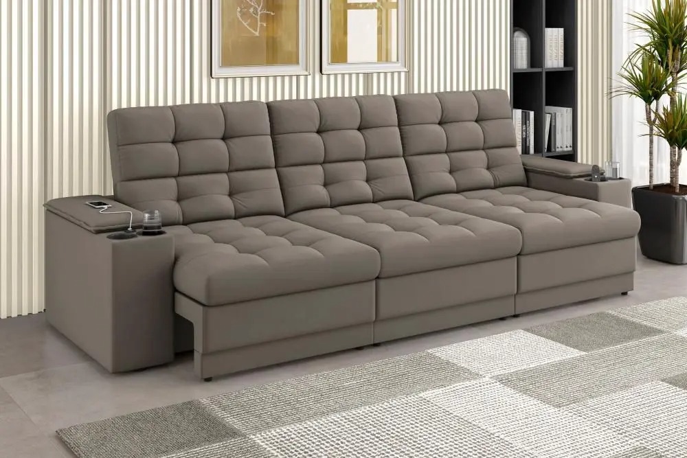 Sofá Confort Premium 2,30m Assento Retrátil/Reclinável porta copos e USB Suede Capuccino - XFlex Sofas - XFlex Sofás