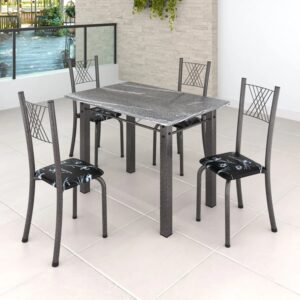 Conjunto Mesa com 4 Cadeiras Tampo de Granito Topázio Sara Yescasa Prata/Preto Floral/Martelado