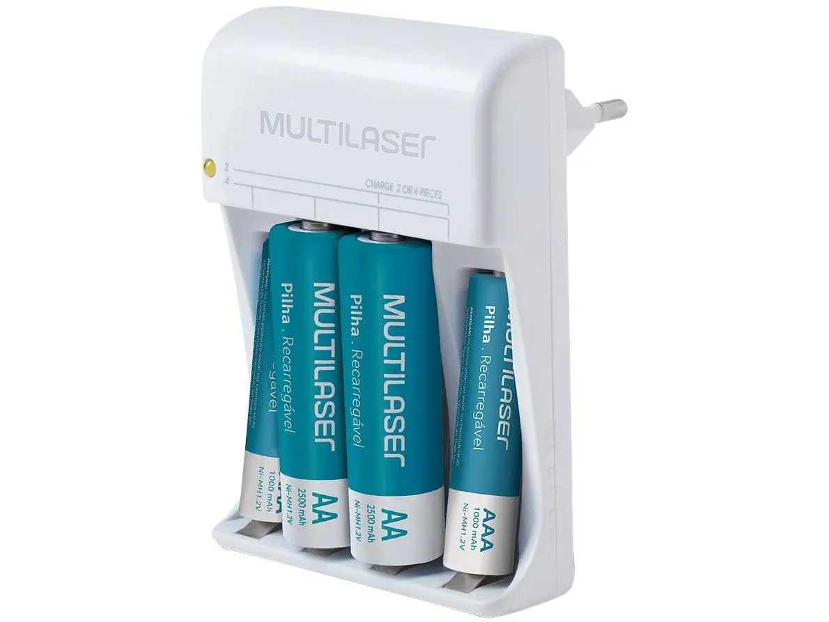 Carregador de Pilhas Recarregáveis AA e AAA - Multilaser com 4 Pilhas 2AA 2AAA