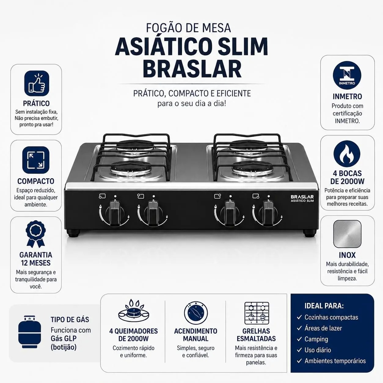 Fogão Cooktop de Mesa 4 Bocas Gás Portátil Braslar Inox Preto e Branco - Imagem 3