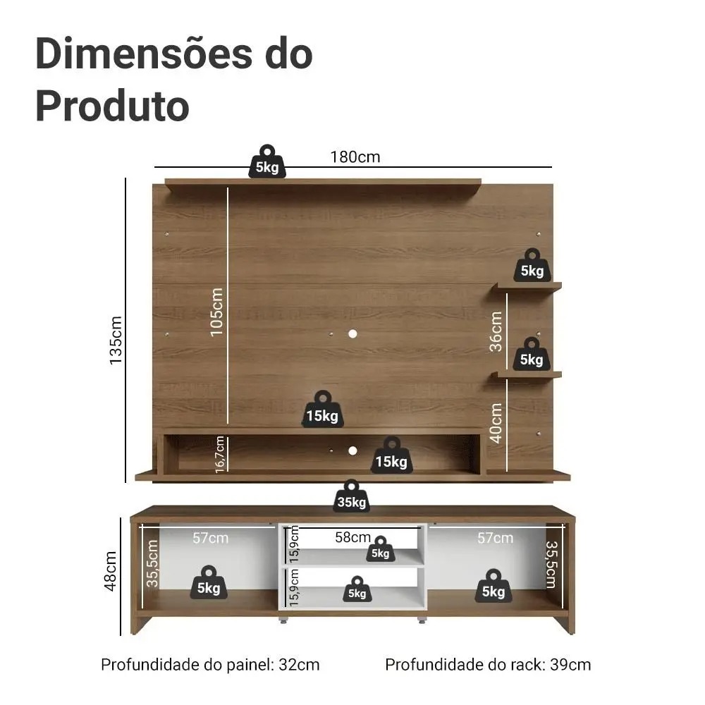 Rack com Painel para TV até 60 Polegadas 180 cm Metz Madesa - Imagem 3