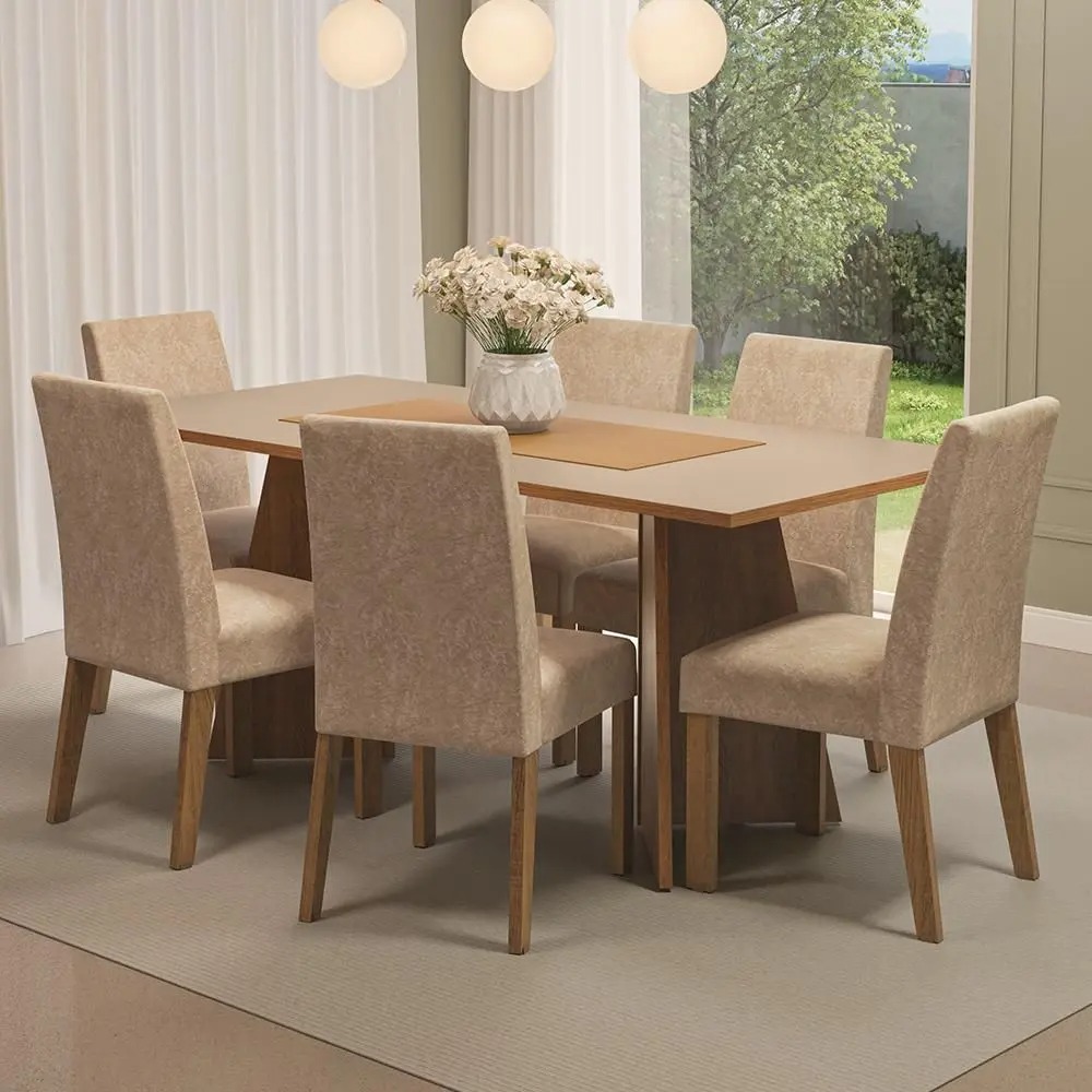 Conjunto Sala de Jantar Mesa Tampo de Madeira 6 Cadeiras Simone Madesa