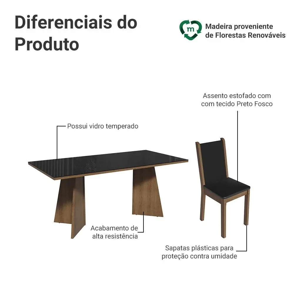 Conjunto Sala de Jantar Mesa Tampo de Vidro 8 Cadeiras Rustic/Preto Justine Madesa - Imagem 4