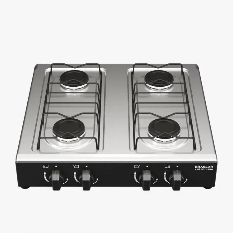 Fogão Cooktop de Mesa 4 Bocas Gás Portátil Braslar Inox Preto e Branco
