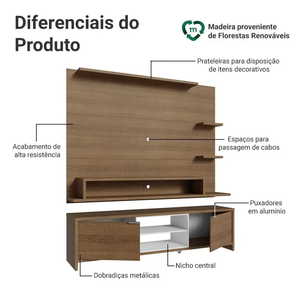 Rack com Painel para TV até 60 Polegadas 180 cm Metz Madesa - Imagem 4