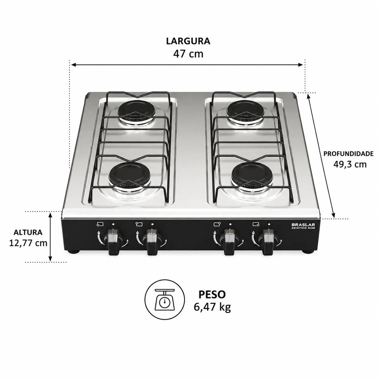 Fogão Cooktop de Mesa 4 Bocas Gás Portátil Braslar Inox Preto e Branco - Imagem 4
