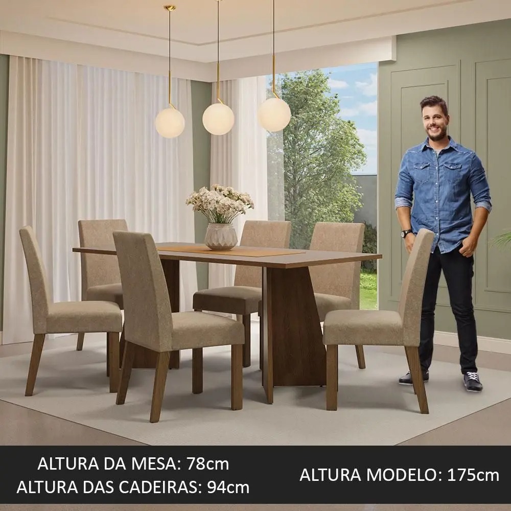 Conjunto Sala de Jantar Mesa Tampo de Madeira 6 Cadeiras Simone Madesa - Imagem 5