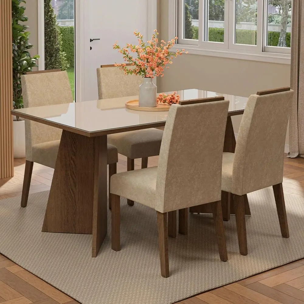 Conjunto Sala de Jantar Tampo de Vidro 4 Cadeiras Braga Madesa