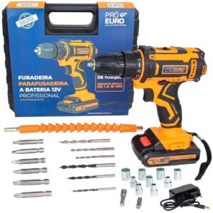 Parafusadeira Furadeira Sem Fio 12V Mandril Rápido 10mm com Carregador Bivolt Pró Euro - PRO EURO
