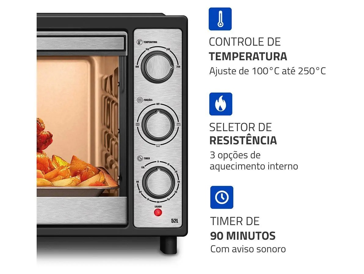 Forno Elétrico de Bancada Mondial Preto e Inox 52L Preto Family Grill FRN-52-BI - Imagem 3