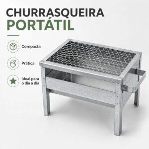 Churrasqueira/Grill Galvanizada C/ Grelha Portátil Aço Anti Corte - Kvell